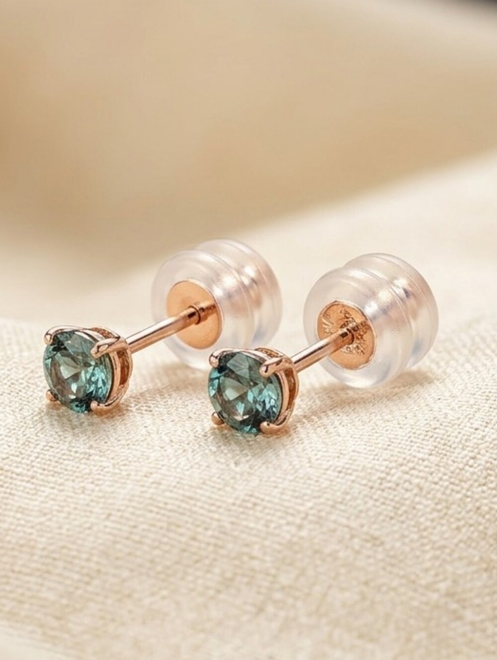 Sterling Silver S925 Rose Gold Stud Earrings with Teal-Green Stones